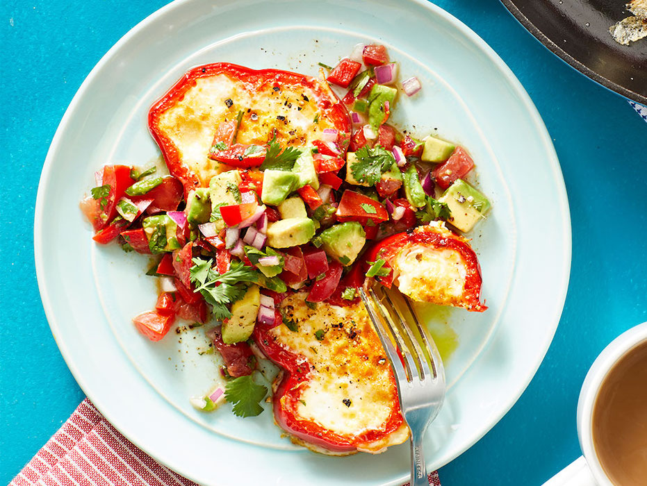 Eggs nestled in a ring of bell peppers makes a great Mediterranean diet breakfast.